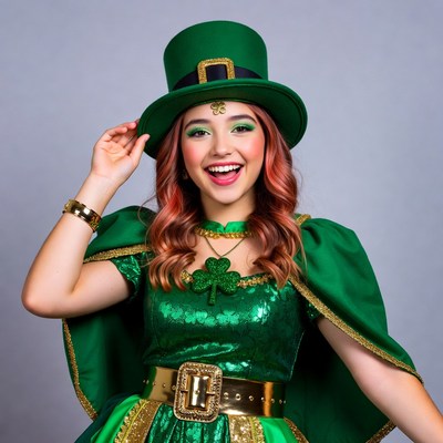 Young woman in green leprechaun costume