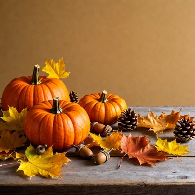 Pumpkins Acorns Autumn Leaves on Wood