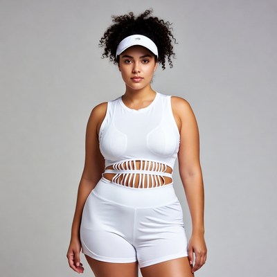Curvy Black woman in white tennis outfit