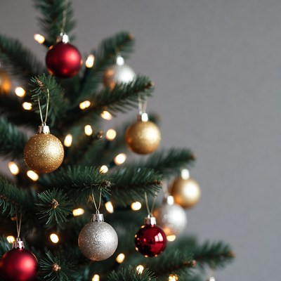 Lit Christmas Tree with Red Gold Silver Ornaments