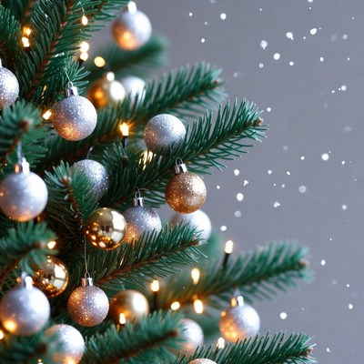 Lit Christmas Tree with Gold Silver Ornaments