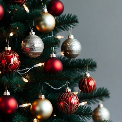 Decorated Christmas Tree with Red Gold Ornaments