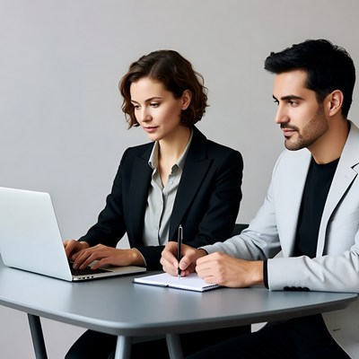 Businesswoman and businessman working at desk
