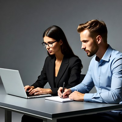 Businesswoman and businessman working on laptop