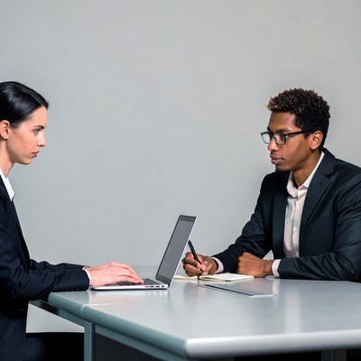 Woman and man working at office table