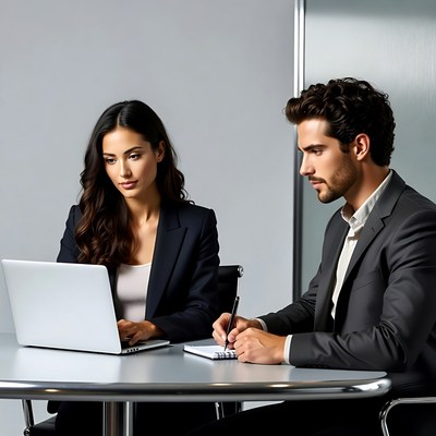 Businesswoman and businessman working on laptop
