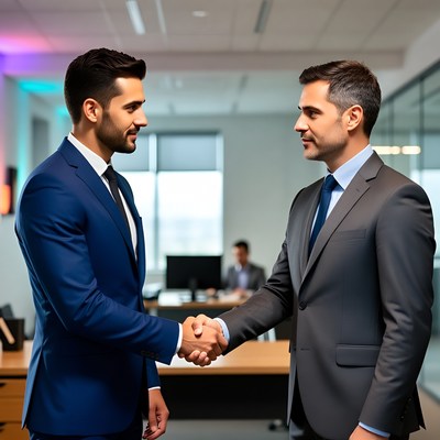 Two businessmen shaking hands in office