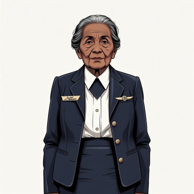 Elderly Asian woman in flight attendant uniform