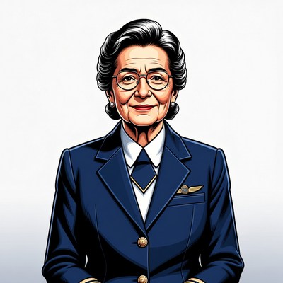 Elderly woman in navy flight attendant uniform