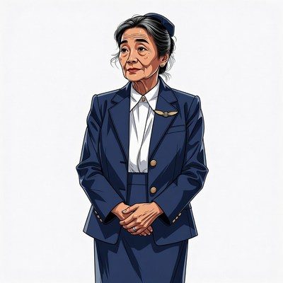 Elderly Asian woman in navy flight attendant uniform