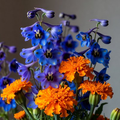 Blue Delphinium and Orange Marigold Flowers
