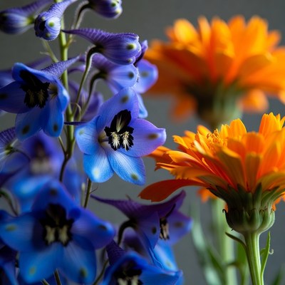 Blue Delphinium and Orange Marigold Flowers