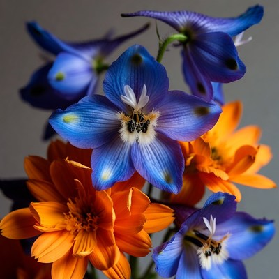 Blue Delphinium and Orange Flowers Bouquet