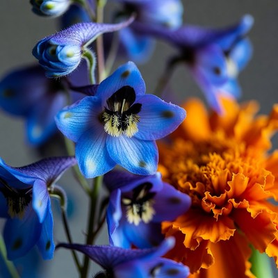 Blue Delphinium and Orange Marigold Flowers