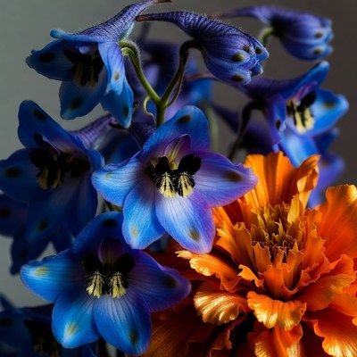 Blue Delphinium and Orange Flowers