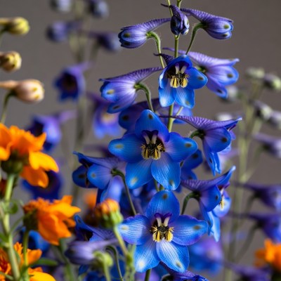 Blue Delphinium Flowers with Orange Blooms