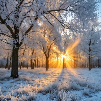 Snowy Trees with Sun Rays