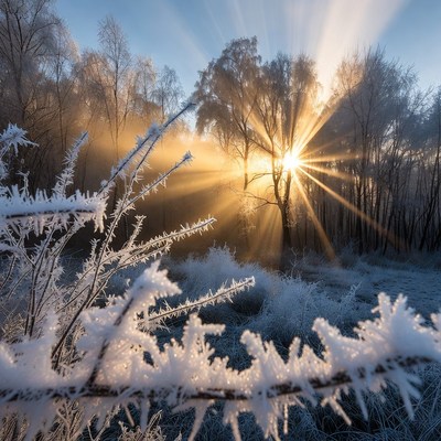 Frosty Trees with Sun Rays