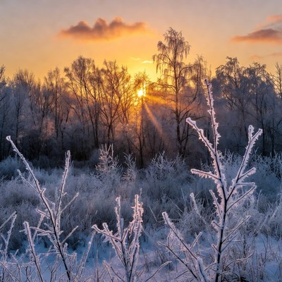 Winter Sunset Over Frosty Forest