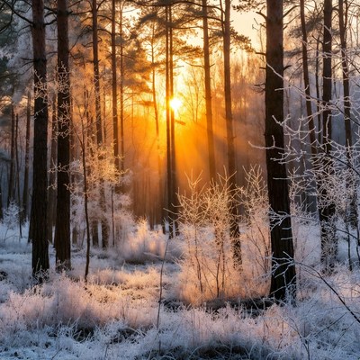 Sunrise in Snowy Pine Forest