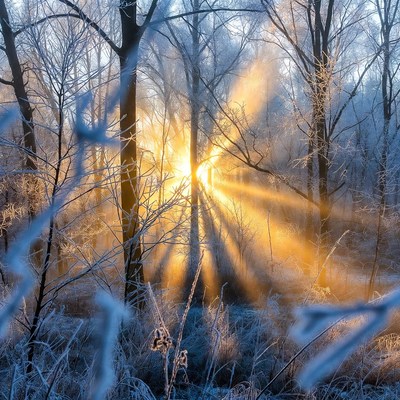 Sunrise through frosty winter trees