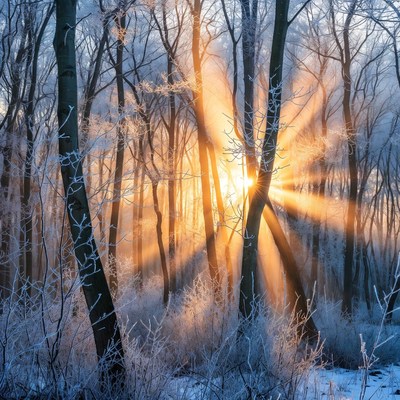 Sun Rays Through Frosty Winter Trees