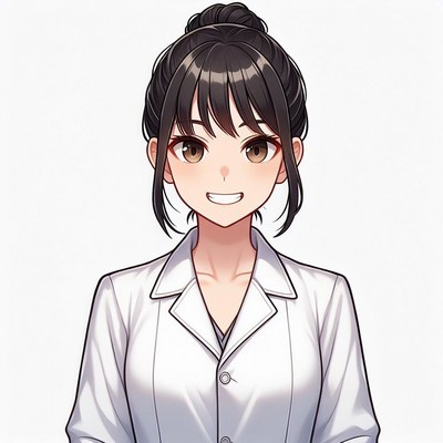 Anime girl in white coat smiling