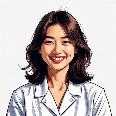 Smiling Asian woman in white coat
