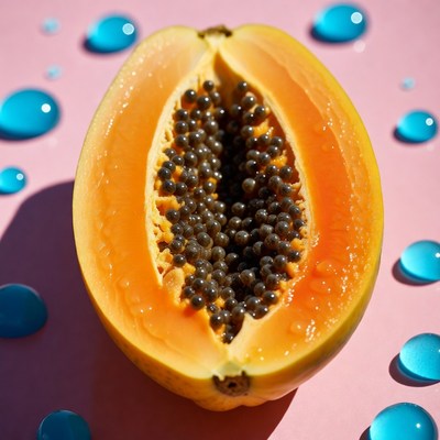 Ripe Papaya with Blue Water Droplets
