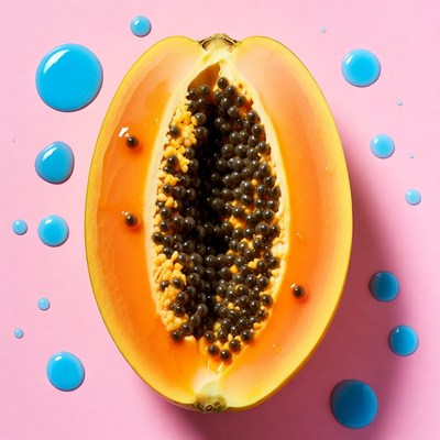 Ripe Papaya with Blue Water Droplets