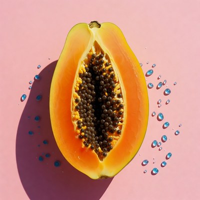 Sliced Papaya with Seeds and Water Droplets
