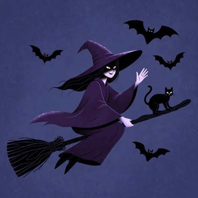 Witch flying on broomstick with bats