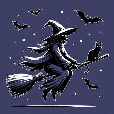 Witch flying on broomstick with cat
