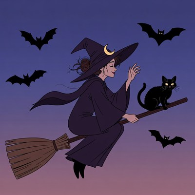 Witch flying on broom with cat