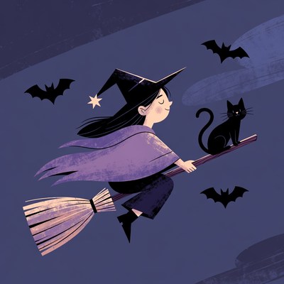 Girl Witch Flying on Broomstick
