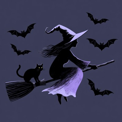 Witch Flying on Broom with Cat