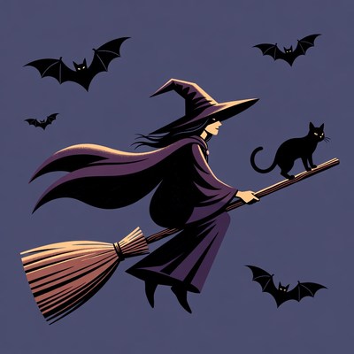 Witch Flying on Broomstick with Cat