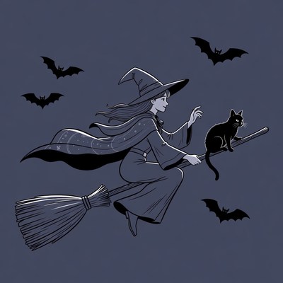 Witch flying on broom with cat