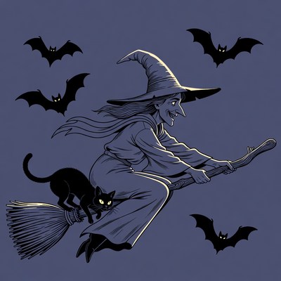 Witch flying on broomstick with cat
