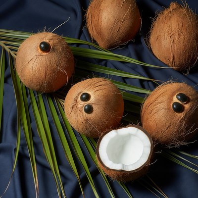 Funny coconuts with eyes on leaves
