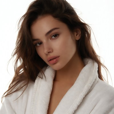 Woman in white bathrobe close-up