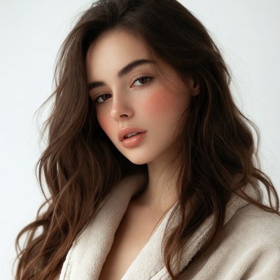 Woman in white bathrobe close-up