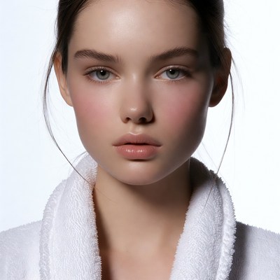 Young woman in white bathrobe closeup