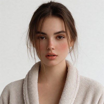 Young woman in white bathrobe