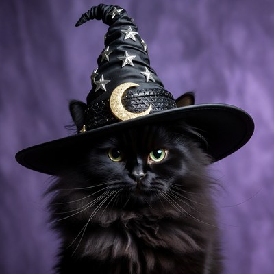 Black cat wearing witch hat