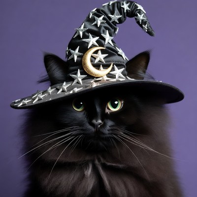 Black cat wearing witch hat