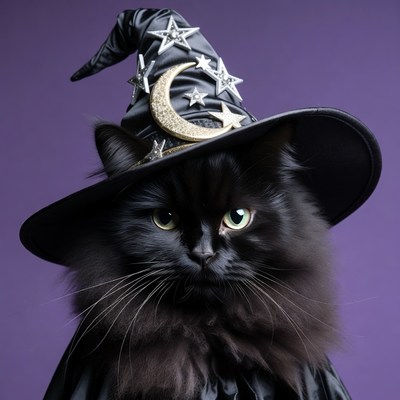Black cat wearing witch hat