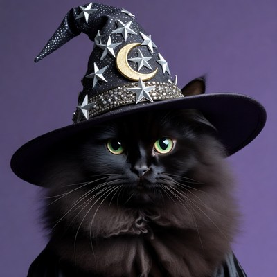 Black cat wearing witch hat
