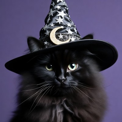 Black cat wearing witch hat