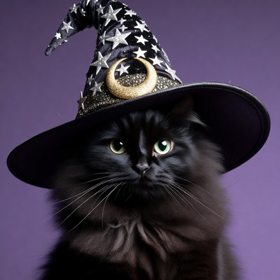 Black cat wearing witch hat